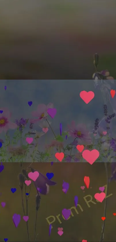 Vibrant floral wallpaper with pink hearts and wildflowers.