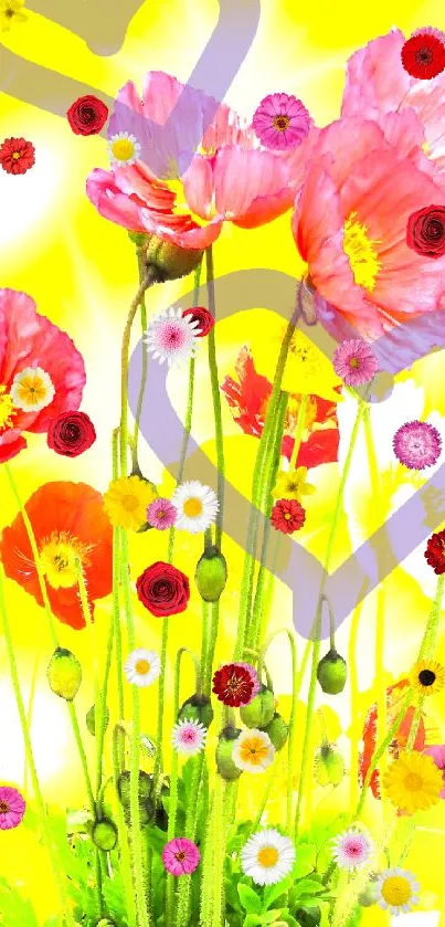Vibrant wallpaper featuring pink poppies and hearts on a yellow background.