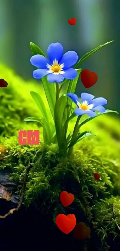 Blue flowers with red hearts on lush greenery wallpaper.