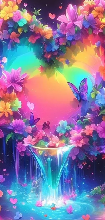 Colorful heart-shaped floral design with butterflies and a waterfall.