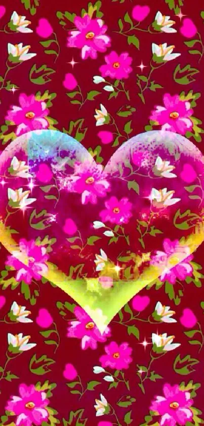 Colorful heart and flowers on red background wallpaper.