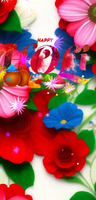 Colorful Holi-themed floral wallpaper with vibrant flowers and 'Happy Holi' text.