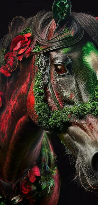 Floral horse portrait with vibrant blossoms and green accents on a dark background.