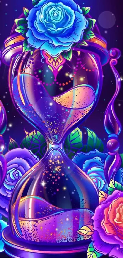 Vibrant neon floral hourglass with roses on a starry background.