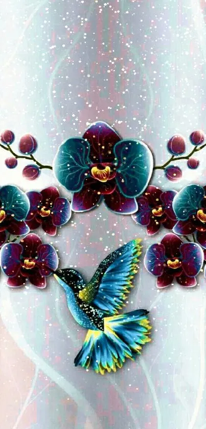 Blue hummingbird and orchids on a vibrant floral wallpaper.