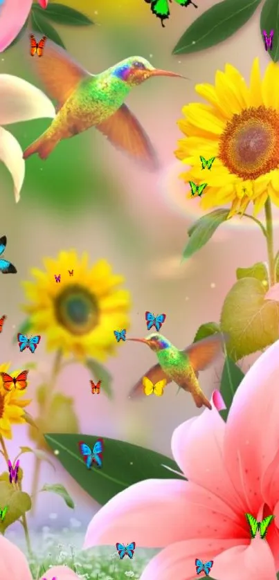 Vibrant wallpaper with hummingbirds, sunflowers, and pink lilies.