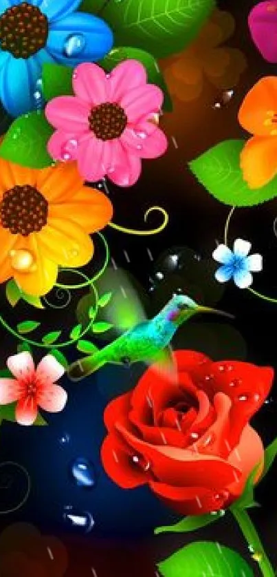 Colorful floral wallpaper with a hummingbird and vibrant flowers.