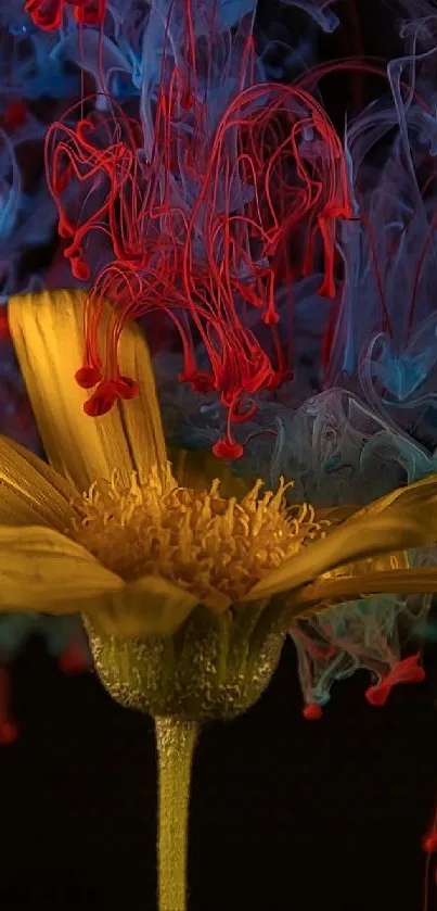 Yellow flower with red and blue ink swirls on a dark background.