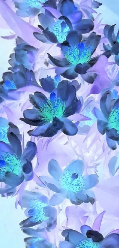 Inverted floral wallpaper with vibrant blue hues.