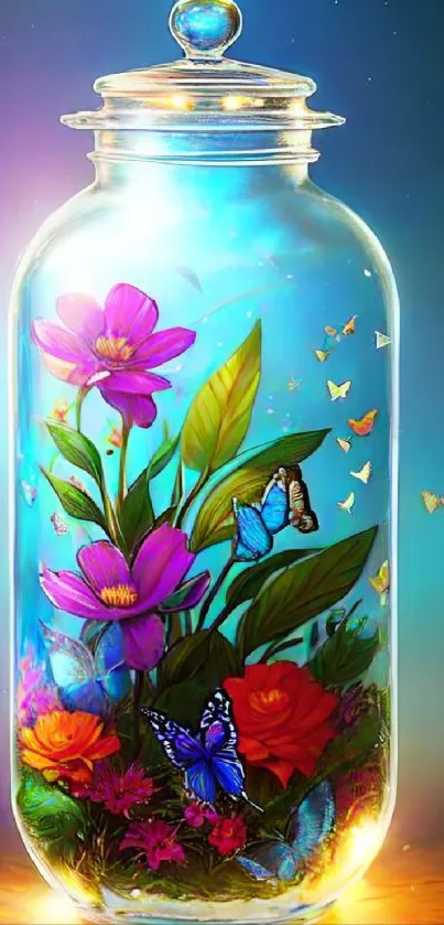 Vibrant floral and butterfly art in a glass jar with a dreamy blue background.