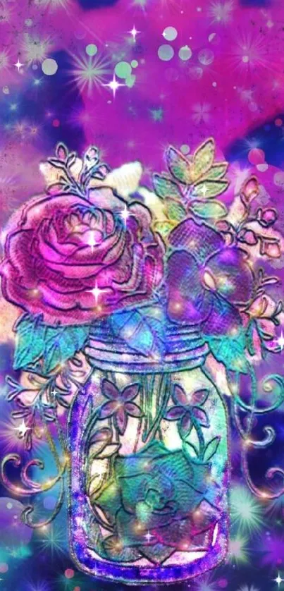 Vibrant floral jar with colorful roses on a galaxy background.