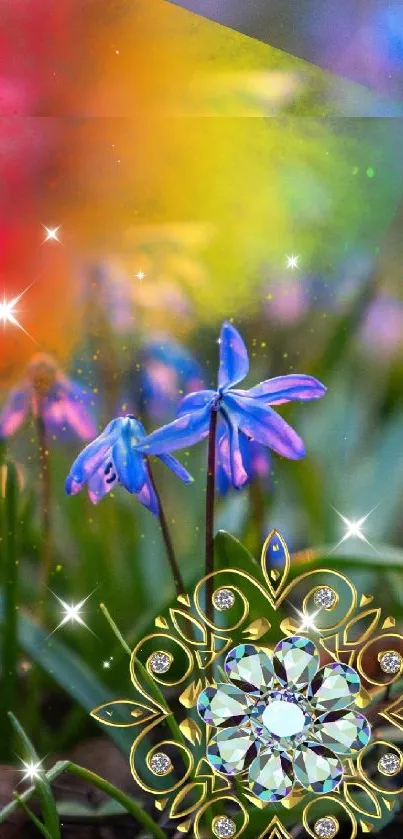 Vibrant mobile wallpaper featuring flowers with an intricate jewel design.