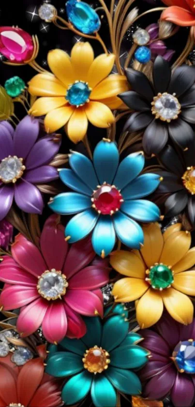 Vibrant floral wallpaper with jeweled flowers on a black background.