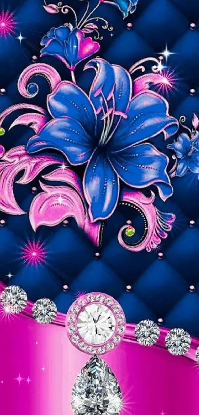 Vibrant blue and pink floral wallpaper with jewel accents.