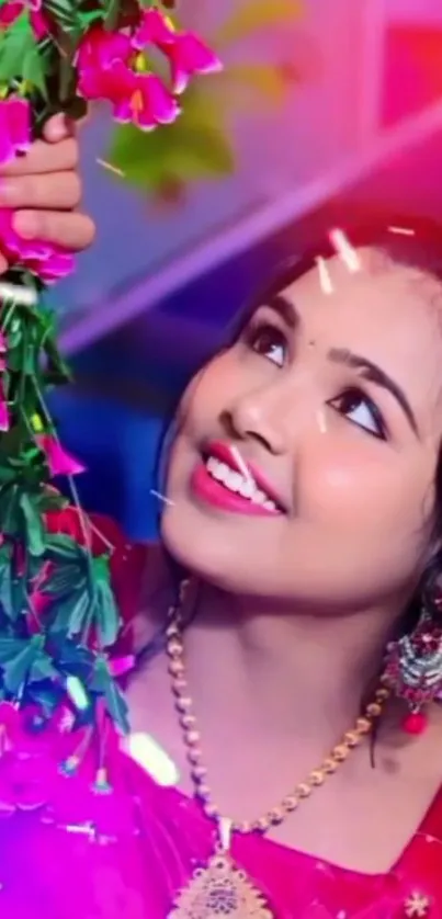 Woman smiling with floral garland, vibrant colors