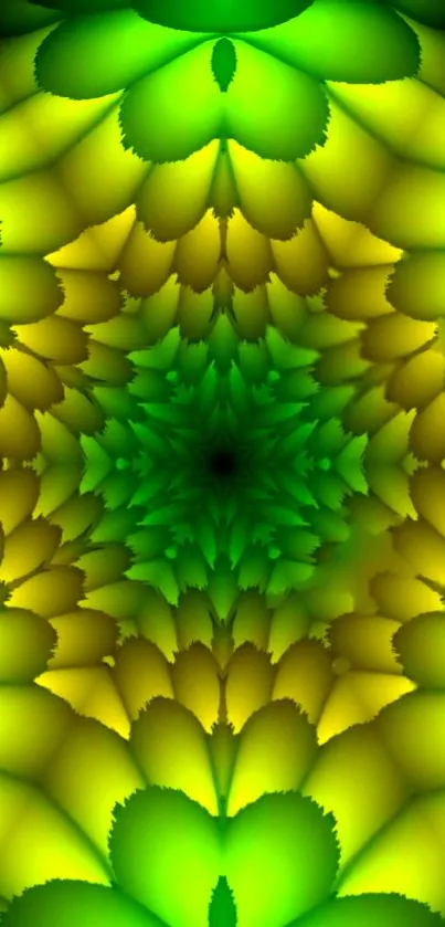 Vibrant green and yellow floral kaleidoscope wallpaper for mobile devices.