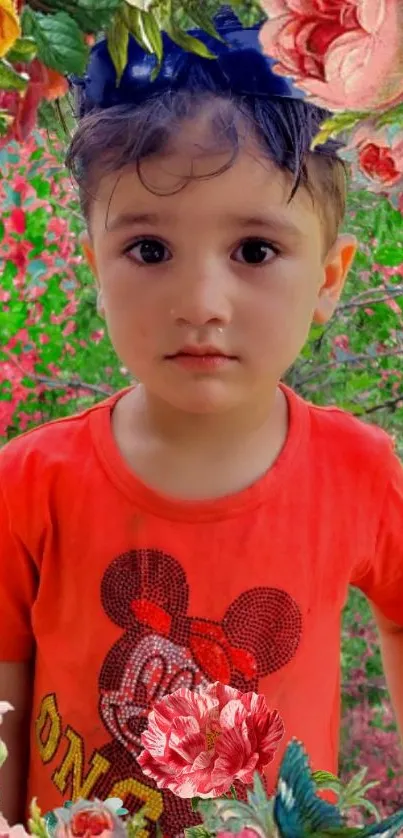 Child in red shirt with floral background wallpaper.