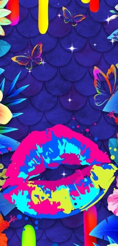 Vibrant wallpaper with lips, flowers, and butterflies.