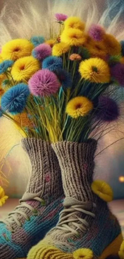 Colorful flowers sprouting from knitted sneakers, creating an artistic wallpaper.