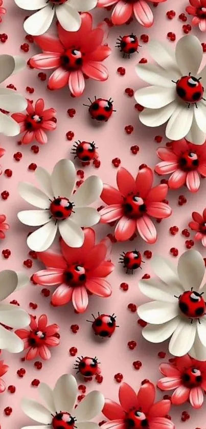 Floral wallpaper with ladybugs and red and white flowers.