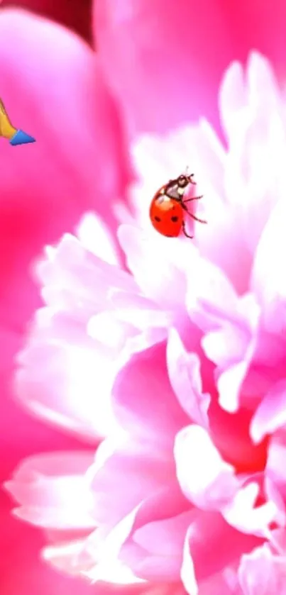 Pink flower close-up with ladybug and emojis.