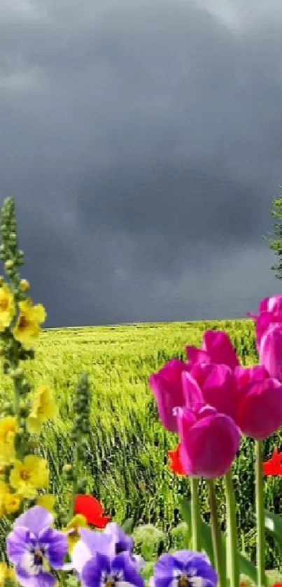 Flowers blooming under a dramatic cloudy sky in a vibrant landscape.