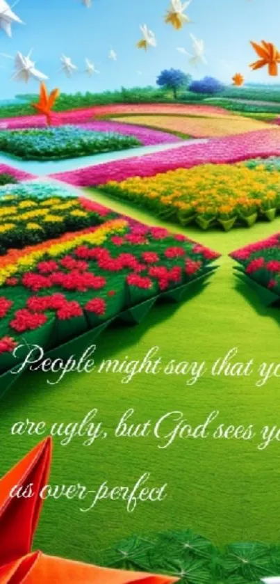 Colorful floral landscape wallpaper with inspirational quote.