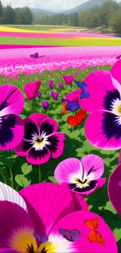 Vibrant hot pink and purple flowers in a picturesque landscape.