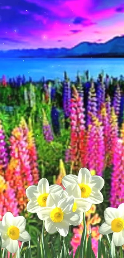 Colorful floral landscape with lake and pink sky.