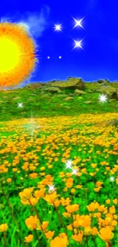 Vibrant meadow with yellow flowers under a bright blue sky.
