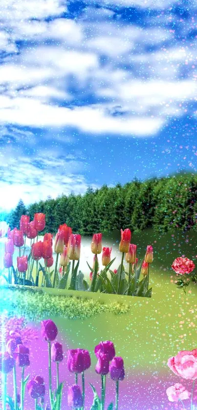 Vibrant floral landscape with tulips and a blue sky.
