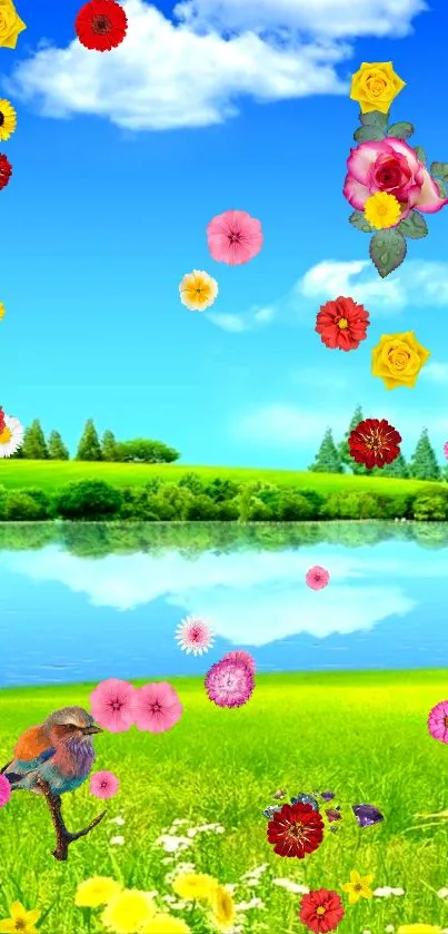 Serene landscape wallpaper with blue sky and colorful flowers.