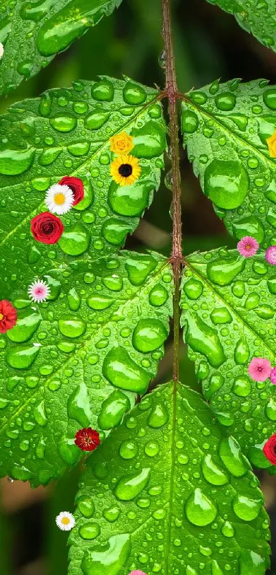 Green leaves with colorful flowers and water droplets, vibrant phone wallpaper.