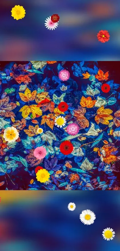 Vibrant floral wallpaper with colorful leaves.