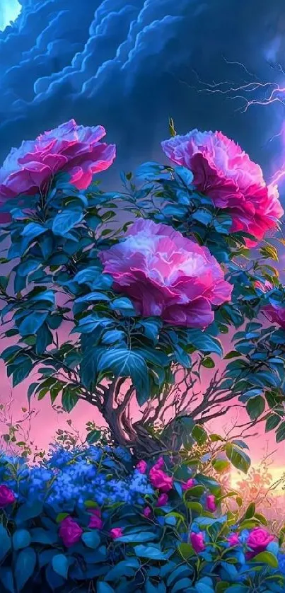 Vibrant floral wallpaper with lightning in a blue cloudy sky.