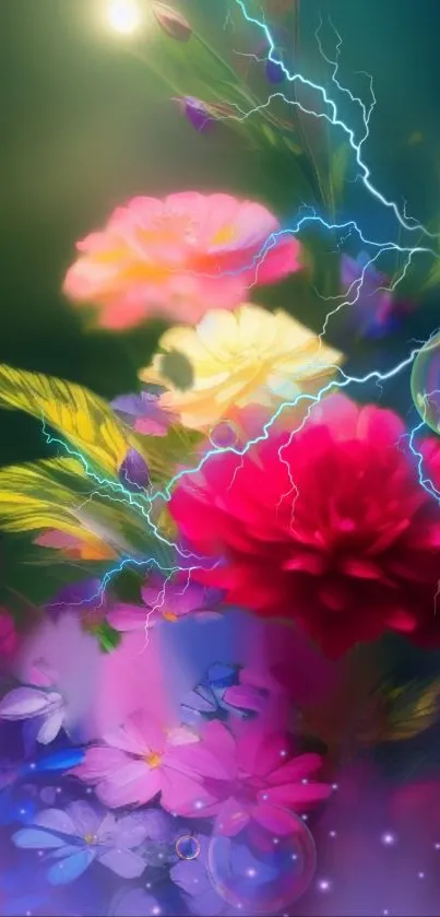 Vibrant floral wallpaper with lightning and bubbles.