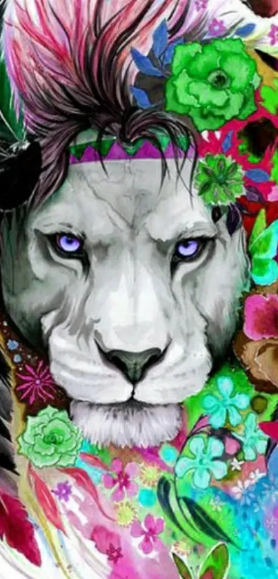 Vibrant lion with flowers in an artistic mobile wallpaper design.