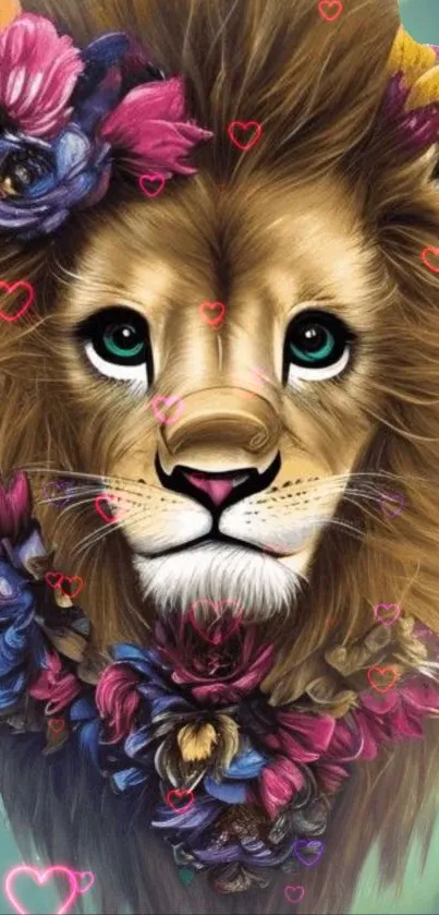 Artistic lion with colorful floral bouquet and heart accents.