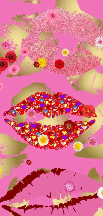 Floral patterned lips on pink and green background.