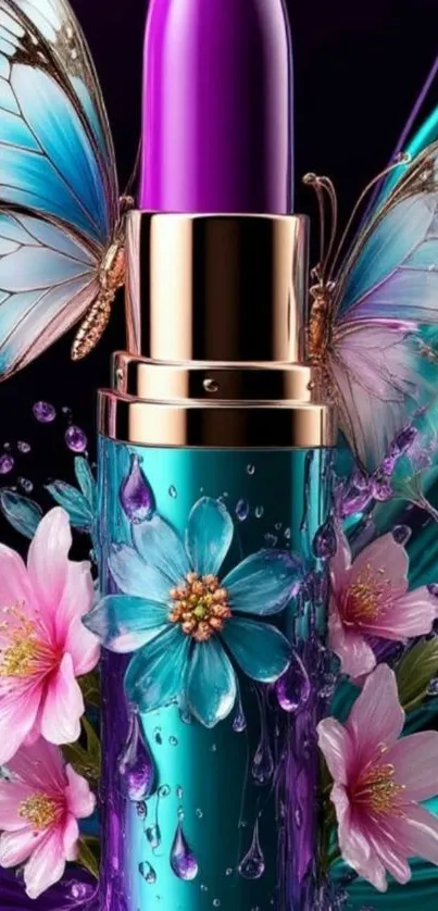 Lipstick adorned with flowers and butterflies in vibrant colors.
