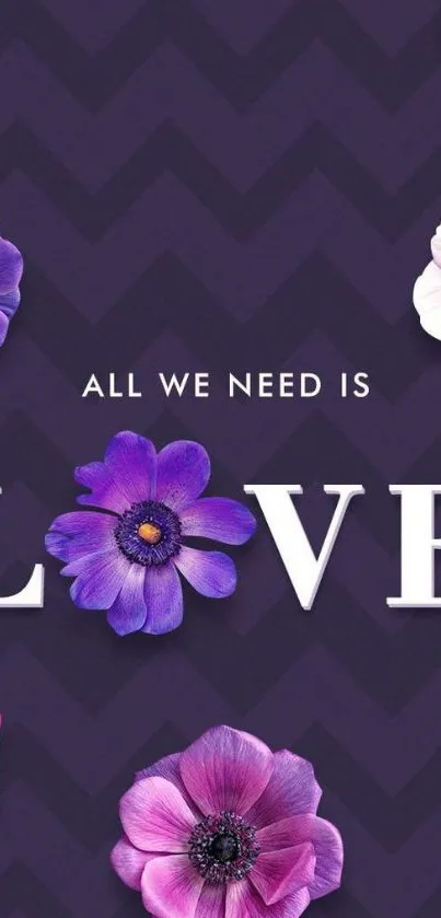 Dark purple wallpaper with vibrant flowers and 'All We Need is Love' text.