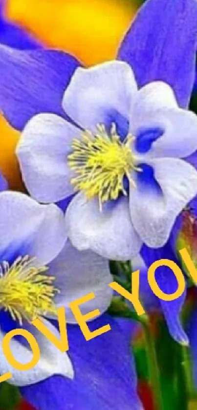 Vibrant blue and violet flowers with 'LOVE YOU' text overlay.