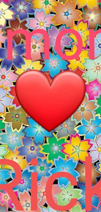 Colorful floral wallpaper with heart design.