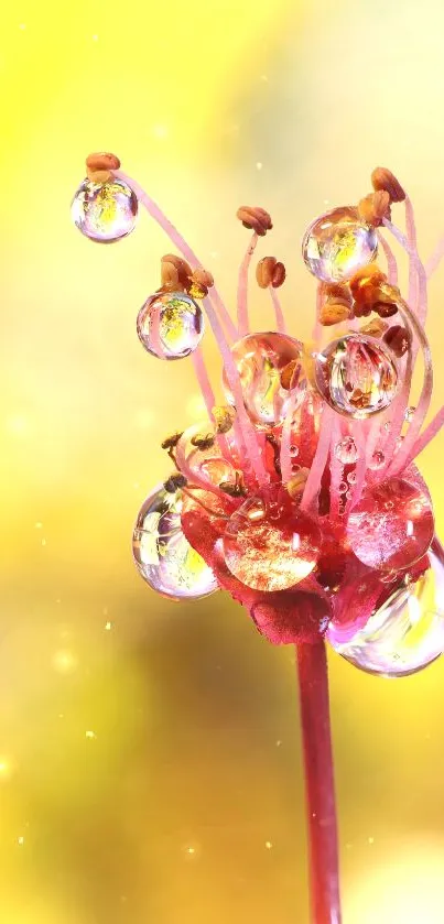 Macro shot of pink flower with water droplets on a vibrant yellow background.