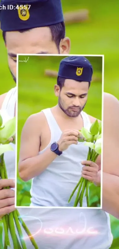 Man holding flowers with a serene green background.