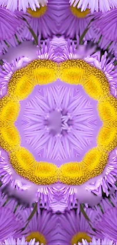Purple floral kaleidoscope wallpaper with vibrant design.