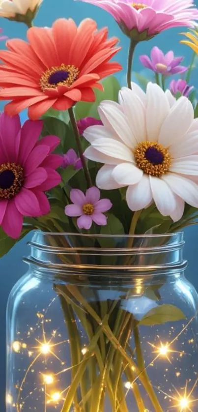 Colorful flowers in a mason jar with fairy lights on a blue background.