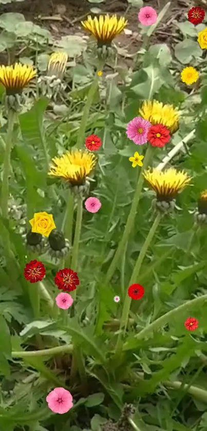 Vibrant floral wallpaper with yellow and red flowers in a green meadow.