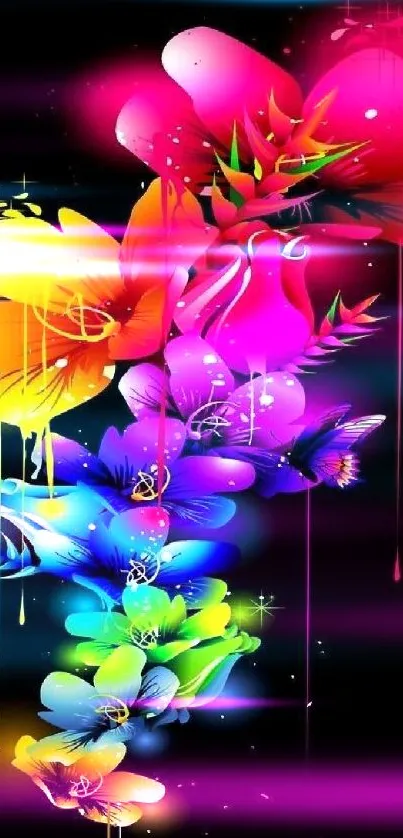 Vibrant floral artwork with colorful flowers on a black background for mobile wallpaper.