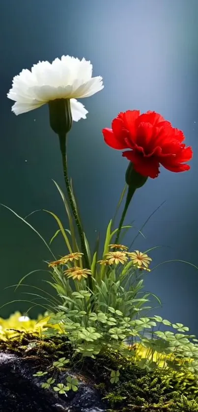 Red and white flowers with green leaves